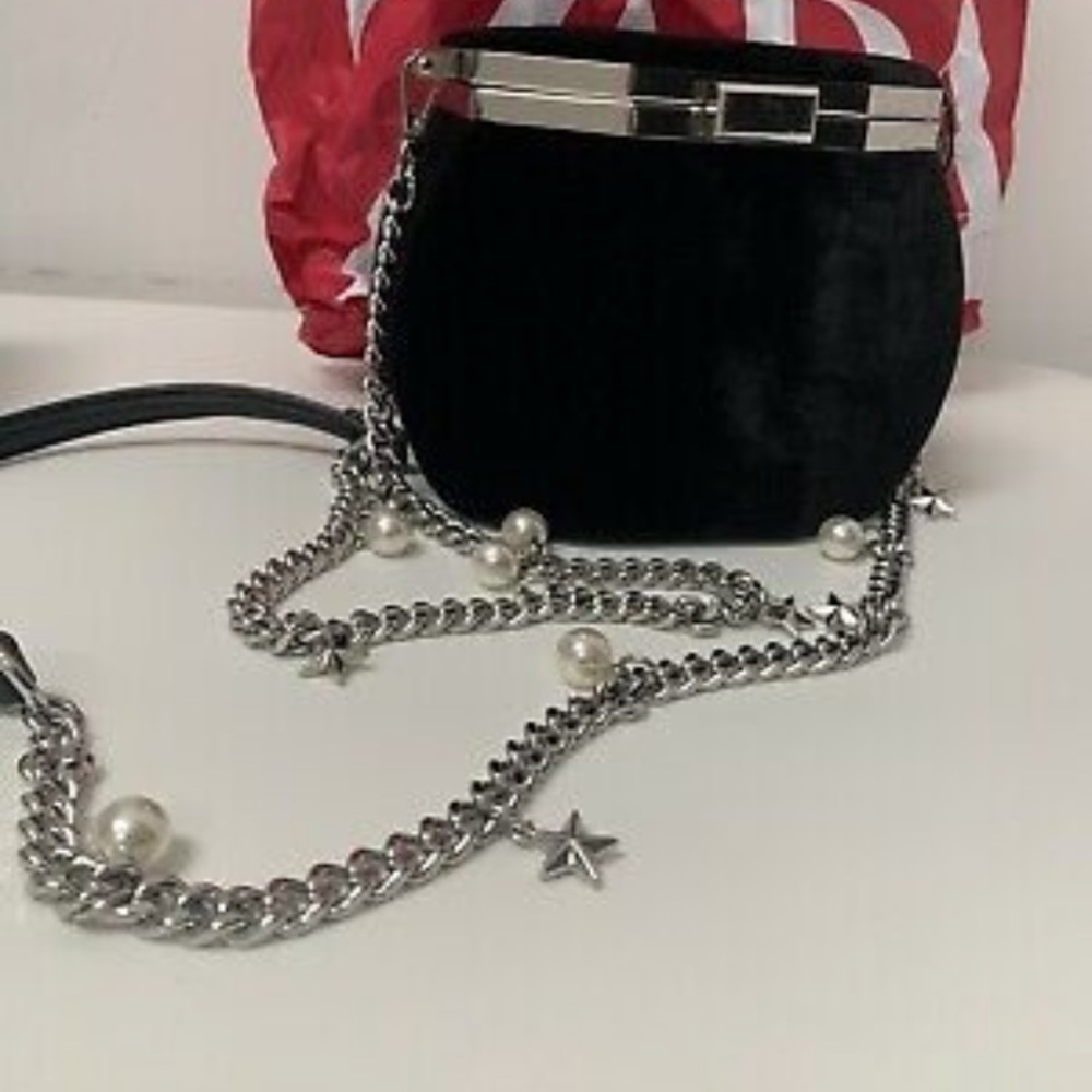 Zara Basic Geometric Black Velvet mini Bag with star pearl chain